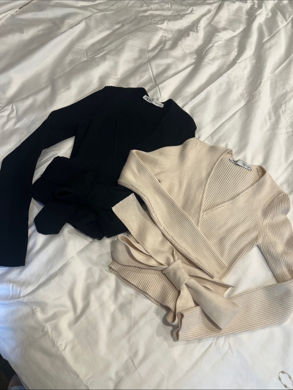 Zara Ribbed Wrap Crop Top in Black and Cream